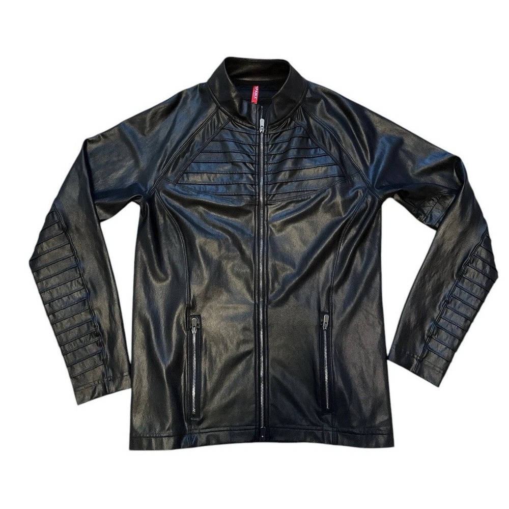 SPANX‎ Moto Jacket Black Full Zip Lightweight Faux Leather-Like Large - Picture 2 of 8
